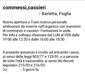 Trani, risponde ad un annuncio per commessi e cassieri e si ritrova dinanzi un contratto per lavoro di 