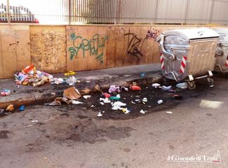 Trani, in via Pansini ignorati ben due cassonetti: un tappeto di rifiuti sulle ceneri di quelli recentemente incendiati