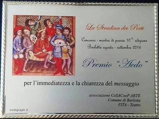 Ancora un riconoscimento per il poeta di Trani Daniele Marrone: vince il Premio speciale «Aedo» con la poesia «Attico in centro»