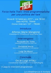 Forza Italia Trani presenta le sue linee programmatiche: domani, convegno all'Hotel Trani