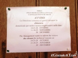 Carenza di personale e monte ore festivo sfondato: ecco perché il castello di Trani chiuderà per sette domeniche. Sindacati in stato di agitazione