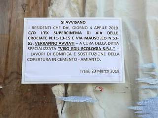 Tetto in amianto dell'ex Supercinema di Trani, la rimozione inizierà il 4 aprile