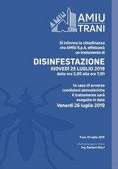 Amiu, questa notte nuova disinfestazione sull'intero territorio di Trani