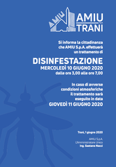 Trani, questa notte disinfestazione aerea. In caso di avverse condizioni meteo, trattamento rimandato di 24 ore