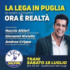 A Trani il vice-segretario nazionale della Lega Andrea Crippa: appuntamento stasera in via Dalmazia
