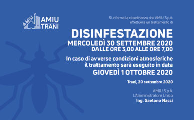 Amiu Trani, mercoledì 30 nuova disinfestazione aerea